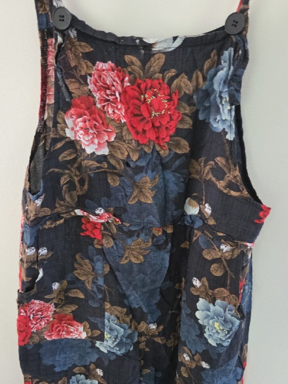 Linen Overalls Jumper In Navy Blue With Gorgeous Floral Print With Pockets - Picture 5 of 8